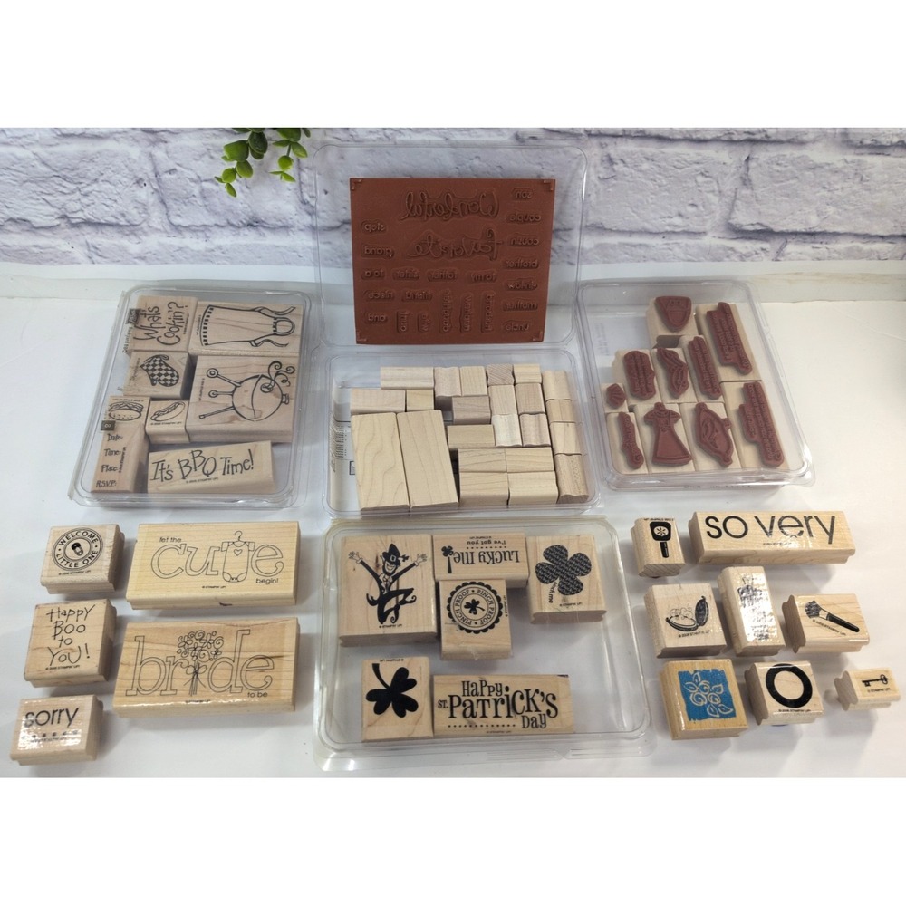 HUGE LOT 60😍Vtg STAMPIN' Up Wood Rubber CardMaking Words Bridal Family Baby Mix